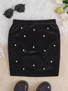 Tween Girl Pearls Beaded Velvet Skirt - Black - View 1