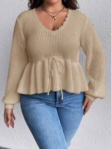 SHEIN Clasi Plus Brzeg Scallop Rękaw latarnia Kokarda z przodu Długa Szata Bez Rękawów Swetry