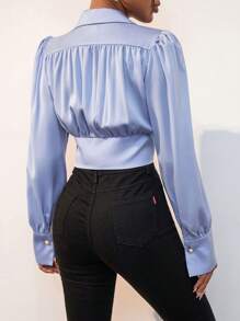 SHEIN Privé Lapel Neck Double Breasted Crop Blouse - Dusty Blue - View 2