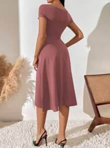 SHEIN Belle Solid Ruched Front A-line Dress - Dusty Pink - View 2