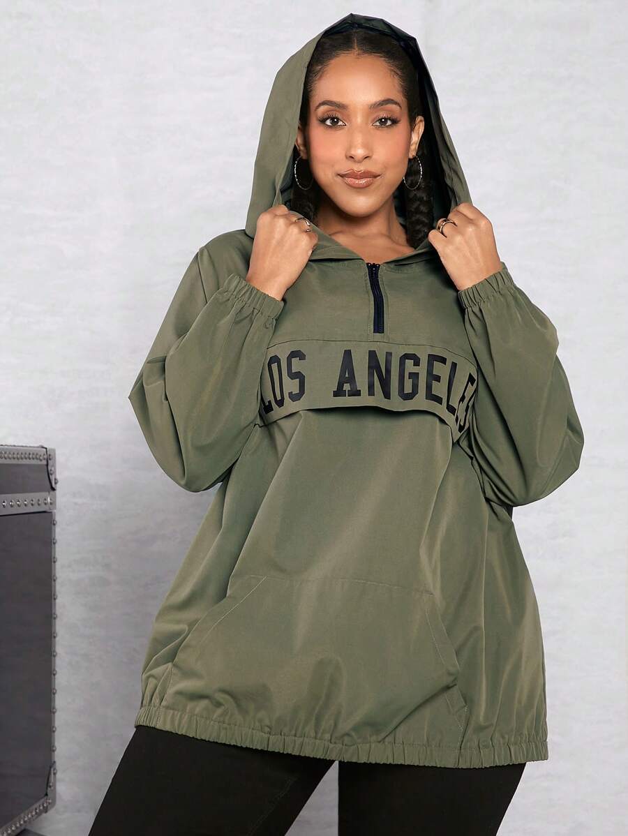SHEIN CURVE+ Chaqueta con capucha con media cremallera y gráfico de talla grande