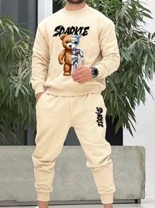 Manfinity Homme Men Bear And Letter Graphic Sweatshirt & Sweatpants - Apricot - View 1