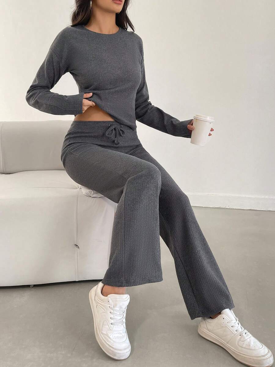 EURMUSE Solid Drop Shoulder Tee & Trousers - Dark Grey - View 1