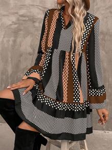 SHEIN LUNE Polka Dot Print Flounce Sleeve Ruffle Hem Smock Dress - Multicolor - View 3