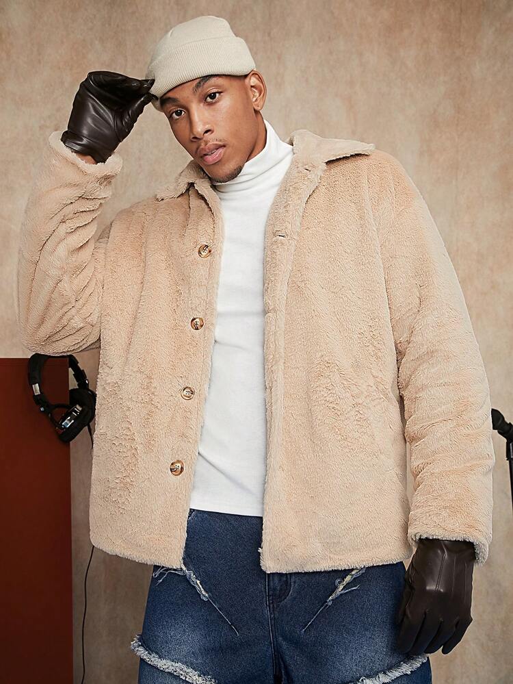 Loose Fit Men's Slant Pocket Drop Shoulder Teddy Jacket