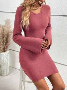 SHEIN LUNE Solid Fare Sleeve Sweater Dress - Coral Pink - View 6