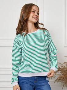 RueChic Tween Girl Striped Print Drop Shoulder Sweatshirt - Multicolor - View 4