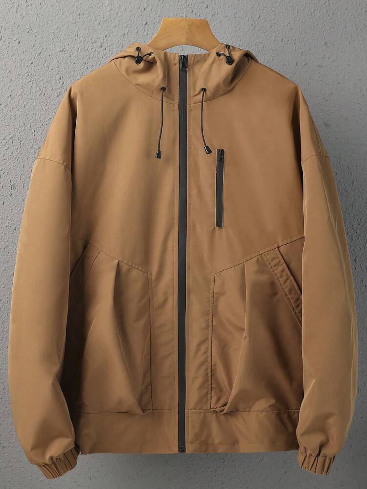 Loose Fit Men's Drawstring Hooded Zip Up Outdoor Windbreaker Jacket (No Tee Included)