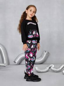 JUSTICE LEAGUE X SHEIN Young Girl Cute Retro Casual Black Cartoon Hero Letter Pattern Print Loose Long Sleeve Pocket Sweatshirt And Pants Set - Black - View 5