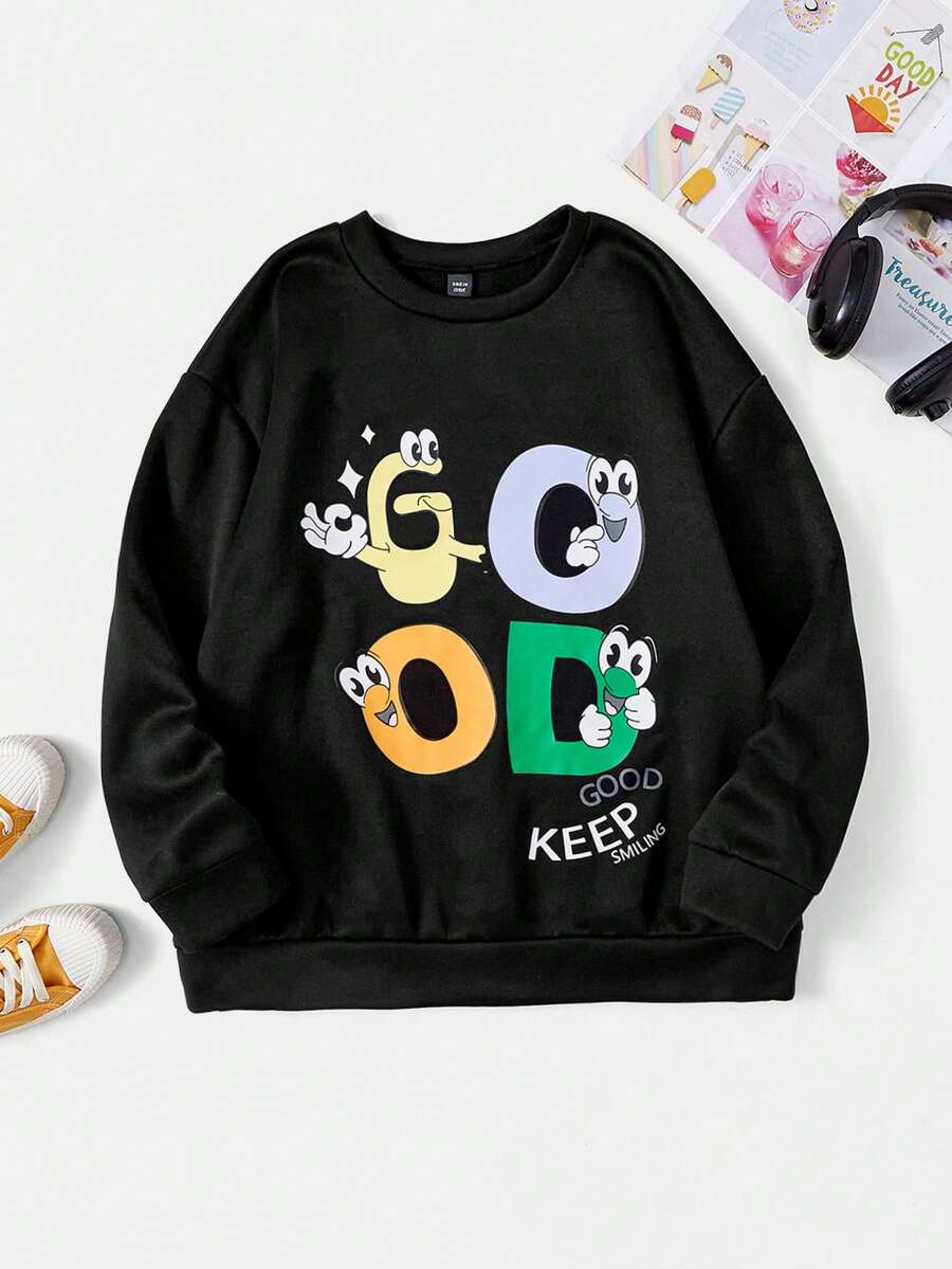 Flirla 大碼字母和卡通圖案落肩袖運動衫 - 黑色 - 查看 1