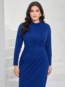 Modelyn Plus Mock Neck Wrap Hem Dress Without Belt - Royal Blue - View 4