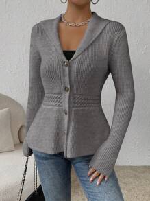 SHEIN Privé Solid Button Front Cardigan - Grey - View 7