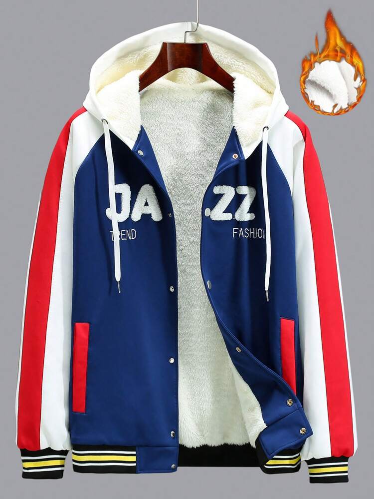 Men Letter Graphic Loose Colorblock Raglan Sleeve Drawstring Hooded Thermal Lined Jacket