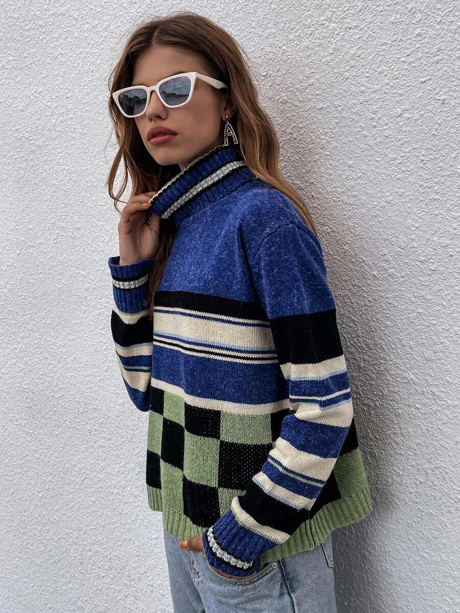 SHEIN Essnce 格紋圖案高領落肩袖套頭毛衣 - 藍色 - 查看 1