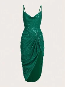 SHEIN BAE Christmas Ruched Split Thigh Sequin Cami Dress - Dark Green - View 6