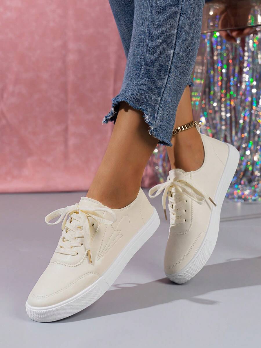 女鞋，ins风，薄底透气，百搭小白鞋，厚底，秋季新款跑步鞋，牛皮，百搭运动鞋，有设计感，秋季新款，小众，平底，休闲，百搭运动鞋，PU皮，女跑步鞋，减震，轻便 - 米色 - 查看 1