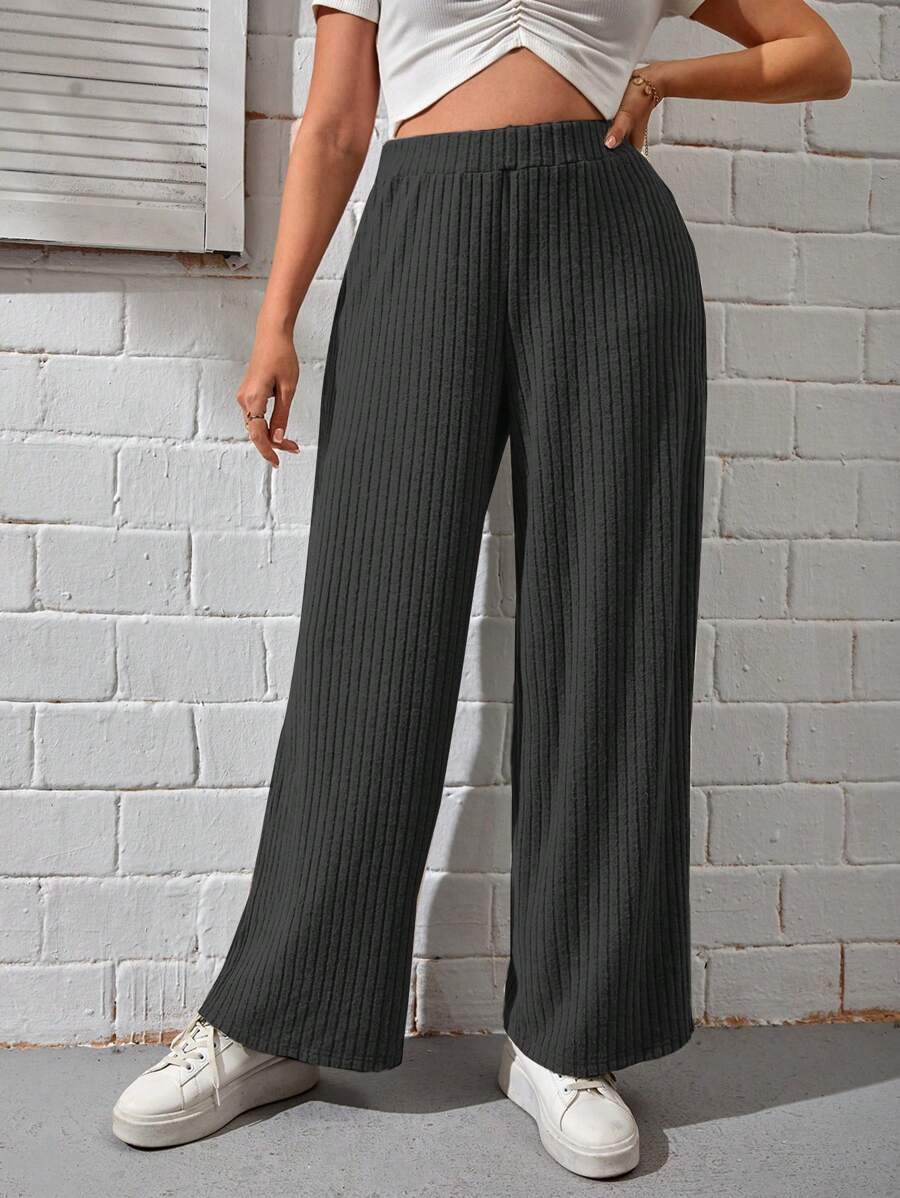 SHEIN EZwear Hơn Chất rắn Quần ống rộng - Màu xám đen - Xem 1