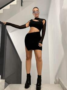 SHEIN ICON Cắt ra Cổ không đối xứng Chèn lưới Váy bodycon - màu đen - Xem 5