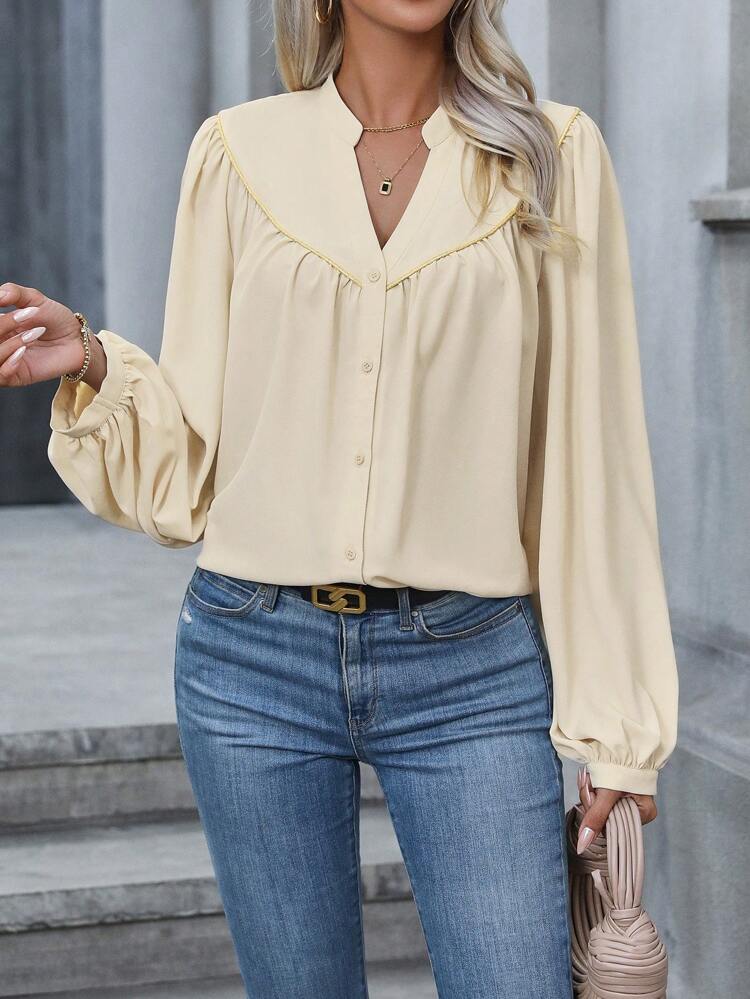 Notched Neckline Lantern Sleeve Blouse Fall Cloth For Women