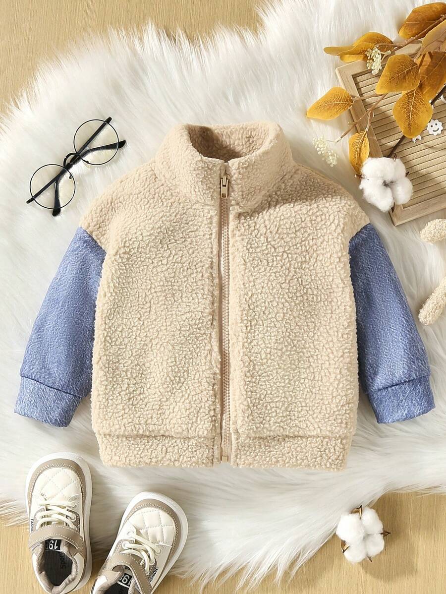 Baby Girl Colorblock Zip Up Teddy Coat - Khaki - View 1