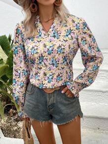 SHEIN VCAY 滿版印花荷葉袖襯衫