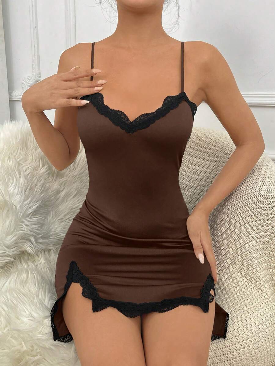 Contrast Lace Trim Split Hem Cami Pajama Nightdress - Coffee Brown - View 1