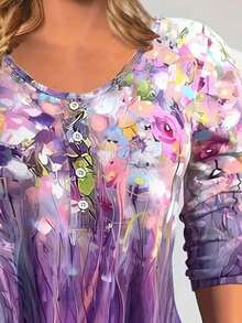 SHEIN LUNE Talla grande Camiseta con estampado floral con botón delantero - Multicolor - Ver 4