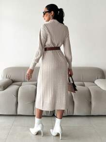 EURMUSE Women's Turtleneck Solid Color Drop Shoulder Ribbed Knit Sweater Dress, No Belt - Beige - View 2