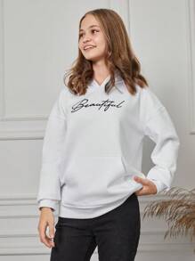 RueChic Teen Girl Letter Graphic Kangaroo Pocket Hoodie - White - View 3