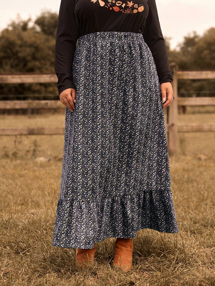 EMERY ROSE Talla grande Falda con estampado floral bajo con fruncido - Azul Marino - Ver 1