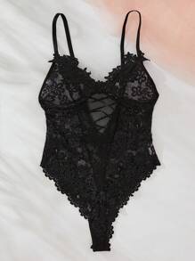 Body de lencería con aplicaciones de encaje floral, body de lencería lindo, body de lencería transparente y sensual - Negro - Ver 4