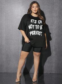 SHEIN SXY Women'S Plus Size Sparkly Sequin 'It'S OK Not To Be Perfect' Slogan Design T-Shirt New Years Top Club Outfits