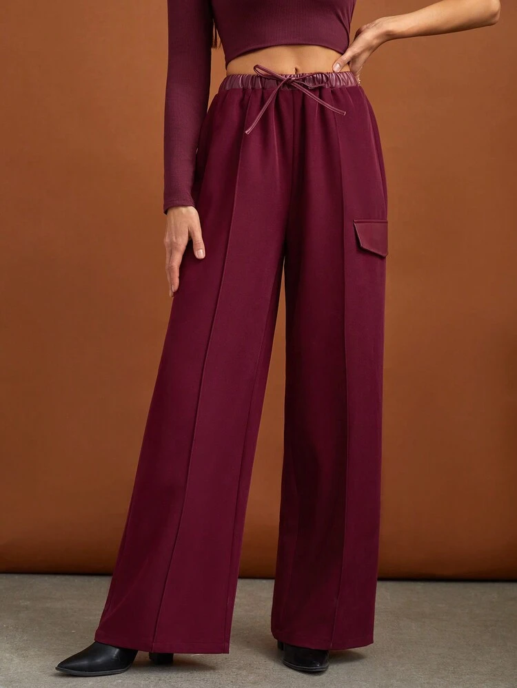 Drawstring Waist Flap Detail Wide Leg Pants