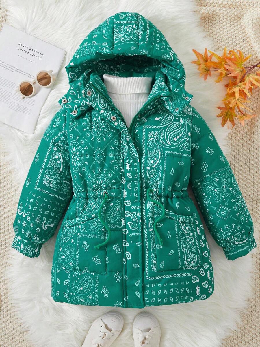 SHEIN Cô gái Tween In hoa Paisley khăn quàng cổ Áo trùm đầu Không có áo len - màu xanh lá - Xem 1