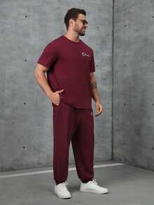 GENTILAND Men Plus Letter Graphic Tee & Sweatpants - Red - View 3