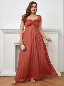 SHEIN Belle Plus Ruffle Trim Ruched Bust Bridesmaid Dress - Coffee Brown - View 3