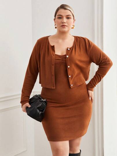 BizChic Plus Button Front Jacket & Ruched Cami Dress