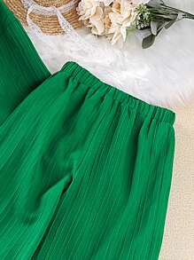 Left Mama Tween Girl Solid Button Front Shirt & Wide Leg Pants - Green - View 5