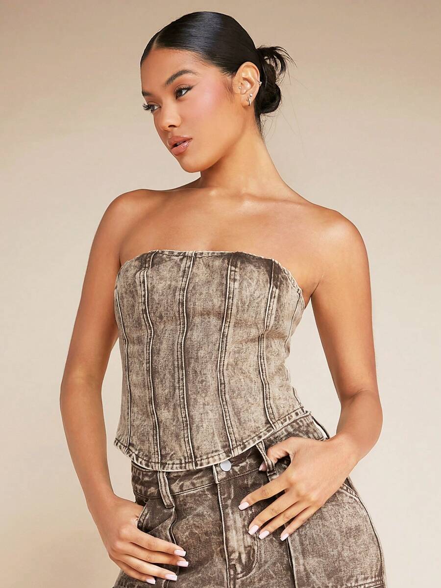 SHEIN BAE 毛邊抹胸牛仔上衣 - 棕色 - 查看 1