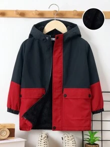 SHEIN Young Boy Two Tone Flap Pocket Hooded Thermal Lined Coat - Black - View 1