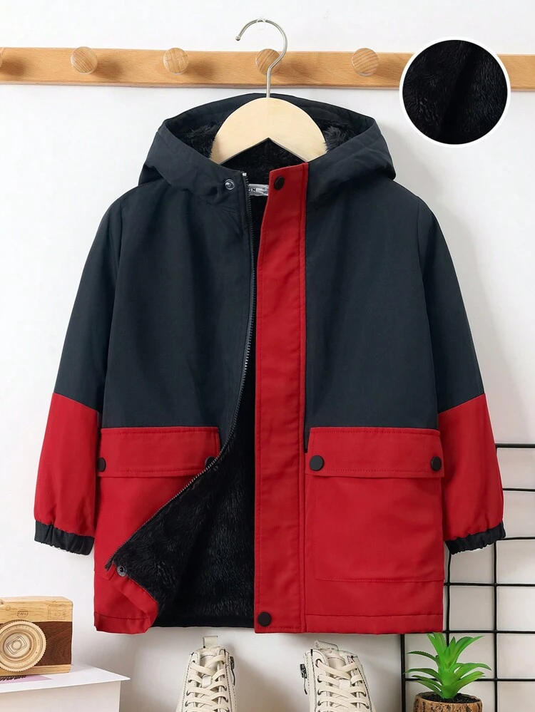 Young Boy Two Tone Flap Pocket Hooded Thermal Lined Coat