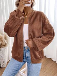 SHEIN LUNE 落肩袖拉鏈開襟飛行員夾克 - 棕色 - 查看 3