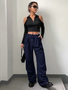 SHEIN Coolane 腰部抽繩闊腿褲 - 藏蓝色 - 查看 5