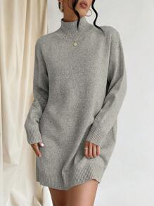 EURMUSE Women's Turtleneck Drop Shoulder Sweater Dress - Grey - View 4