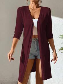SHEIN Privé 纯色休闲设计开衫 - 酒紅色 - 查看 5