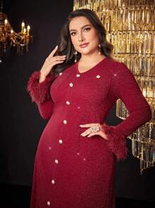 Modelyn Plus Fuzzy Cuff Button Front Dress