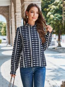 GENKIRA Geo Print Mock Neck Blouse Fall Cloth For Women - Navy Blue - View 5