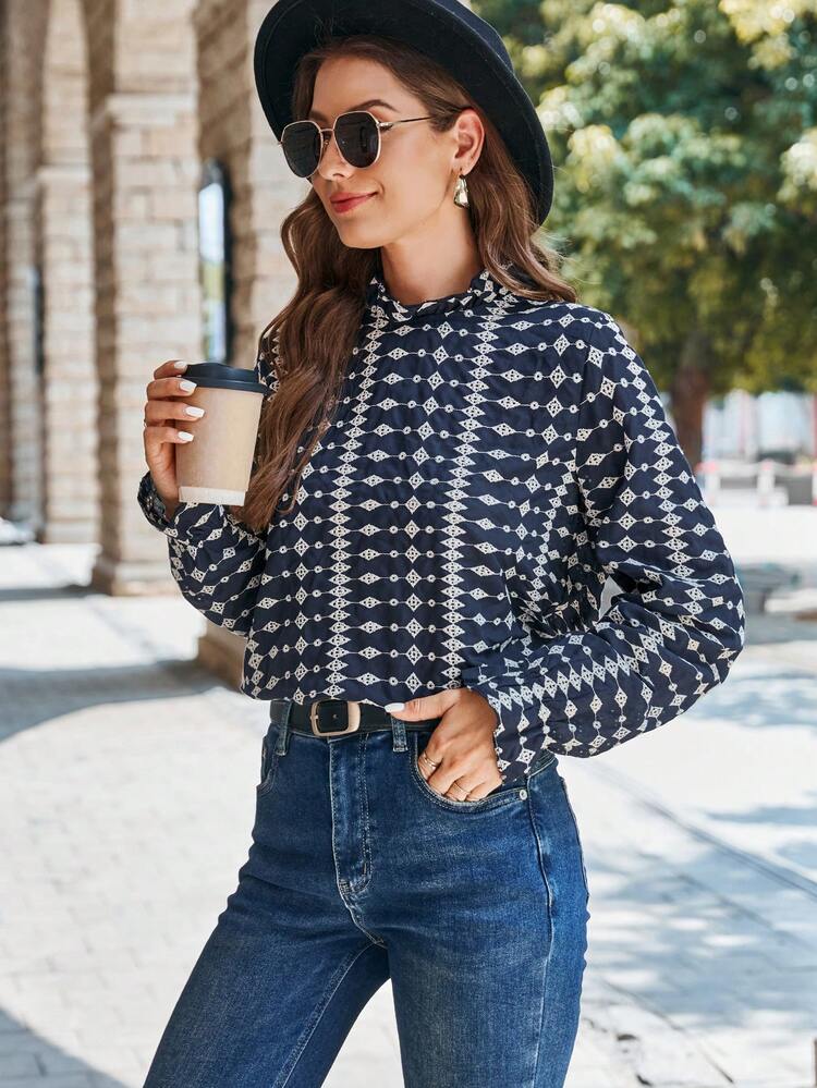 Geo Print Mock Neck Blouse Fall Cloth For Women