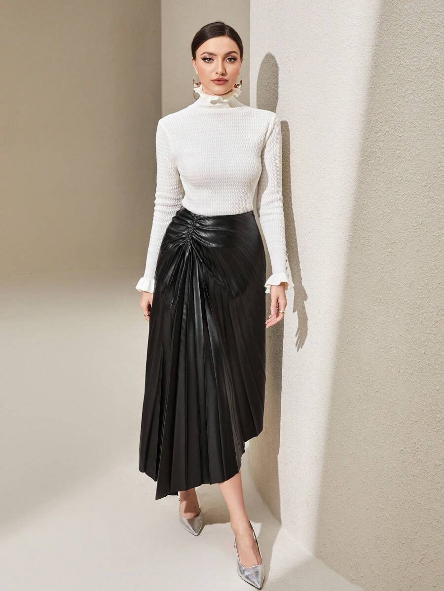 Modelyn Mock Neck Flounce Sleeve Button Detail Sweater