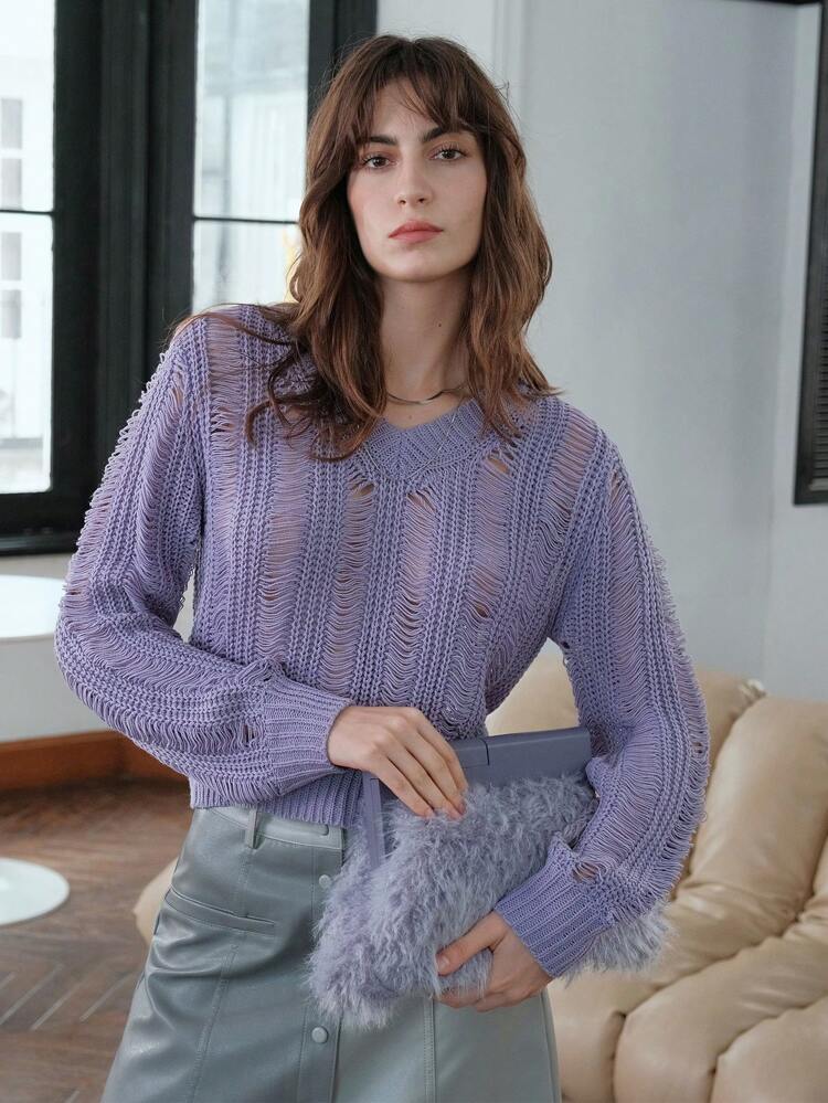 Suéter de punto corto con cuello en V sólido para otoño e invierno